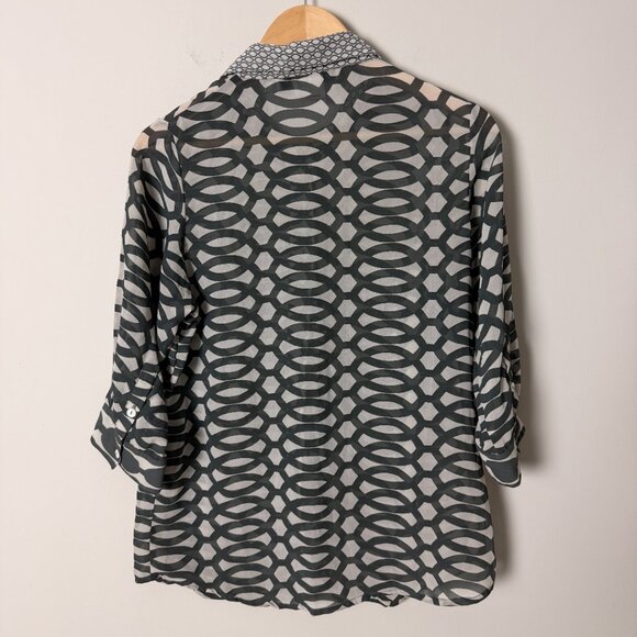 Gretchen Scott Sheer Geometric Green Gray Botton Down Top Medium - Picture 2 of 3